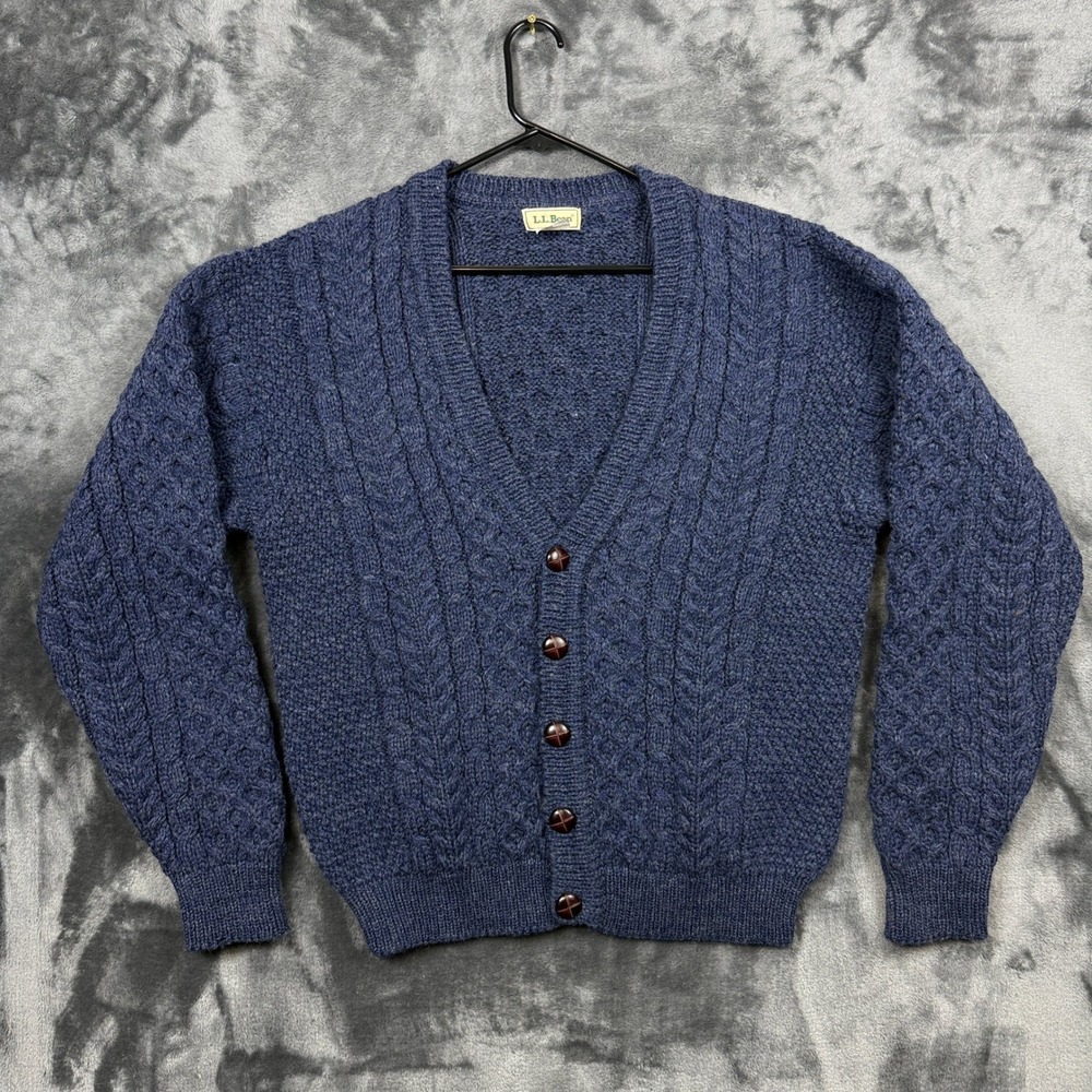 L.L. Bean Cardigan Sweater Mens Medium Blue Cable Knit Wool Made in Ireland